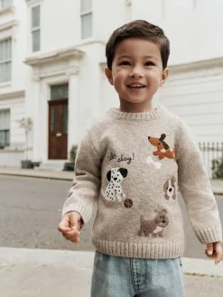 Next Neutral Dogs Knitted Crew Neck Jumper (3mths-7yrs)^BOY Knitwear|Knitwear