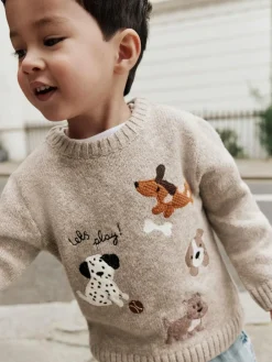 Next Neutral Dogs Knitted Crew Neck Jumper (3mths-7yrs)^BOY Knitwear|Knitwear
