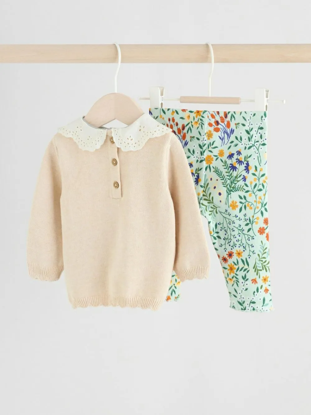 Best Next Neutral Duck/ Sage Ditsy Baby Knitted Jumper and Leggings 2 Piece Set (0mths-3yrs)