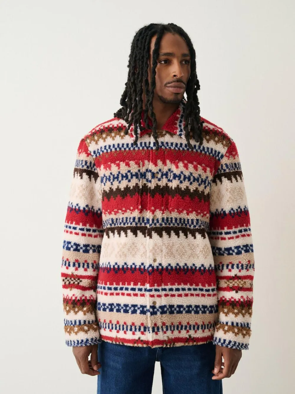 New Next Printed Fleece Popper Shacket Neutral Ecru/Red Fairisle