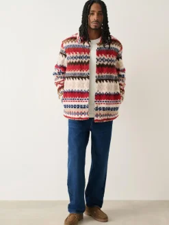 New Next Printed Fleece Popper Shacket Neutral Ecru/Red Fairisle