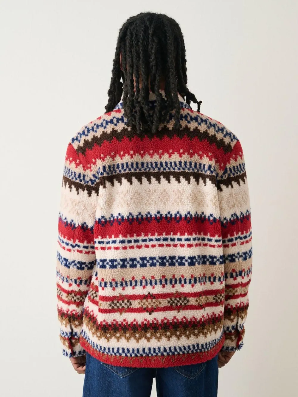 New Next Printed Fleece Popper Shacket Neutral Ecru/Red Fairisle
