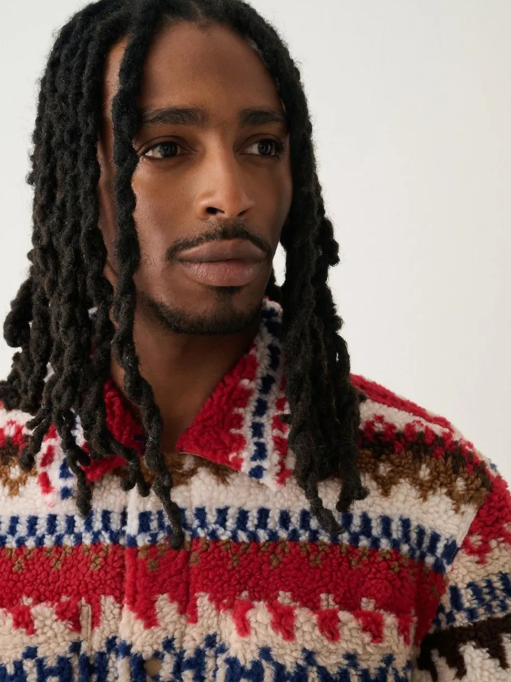 New Next Printed Fleece Popper Shacket Neutral Ecru/Red Fairisle