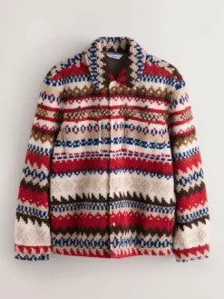 New Next Printed Fleece Popper Shacket Neutral Ecru/Red Fairisle