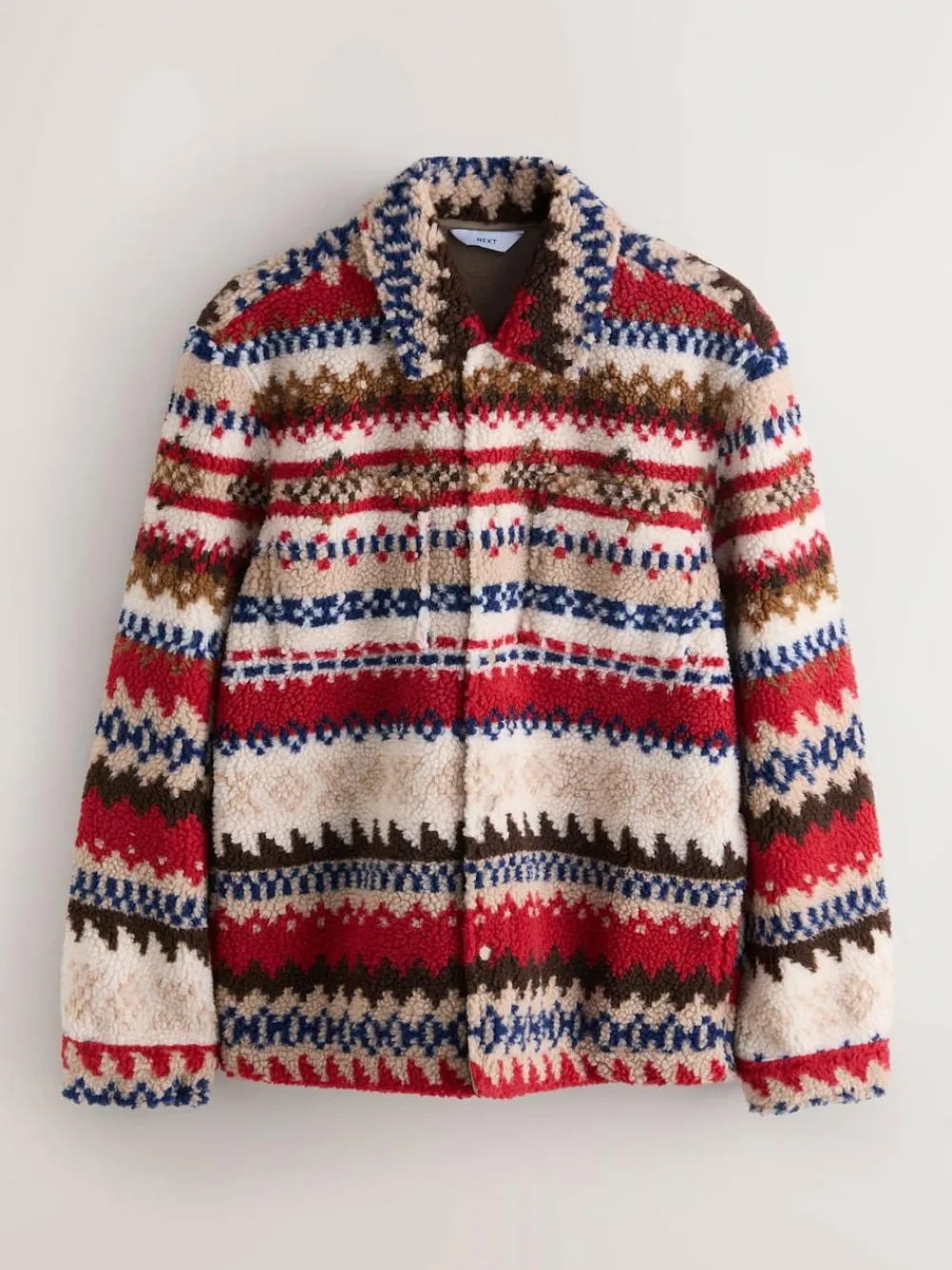 New Next Printed Fleece Popper Shacket Neutral Ecru/Red Fairisle