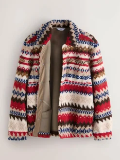 New Next Printed Fleece Popper Shacket Neutral Ecru/Red Fairisle