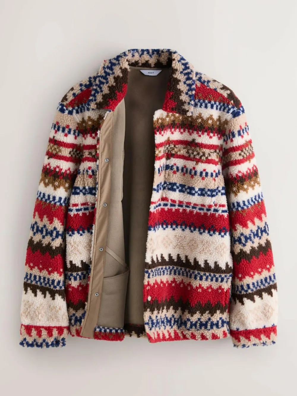 New Next Printed Fleece Popper Shacket Neutral Ecru/Red Fairisle