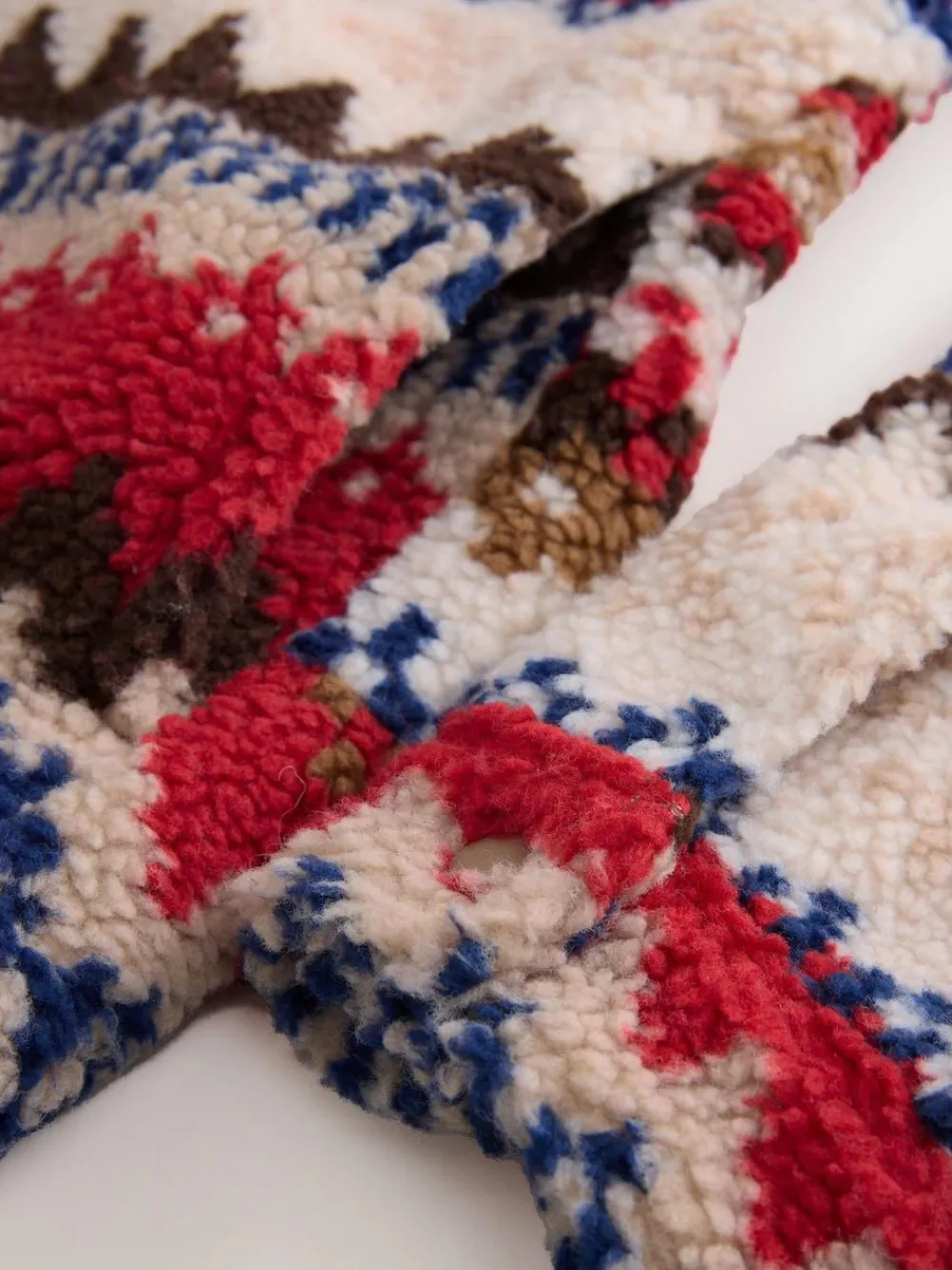 New Next Printed Fleece Popper Shacket Neutral Ecru/Red Fairisle