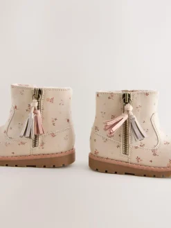 Best Next Neutral Floral Wide Fit (G) Chelsea Zip Tassel Ankle Boots