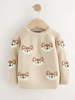 Sale Next Knitted Crew Neck Jumper (3mths-7yrs) Neutral Fox Print