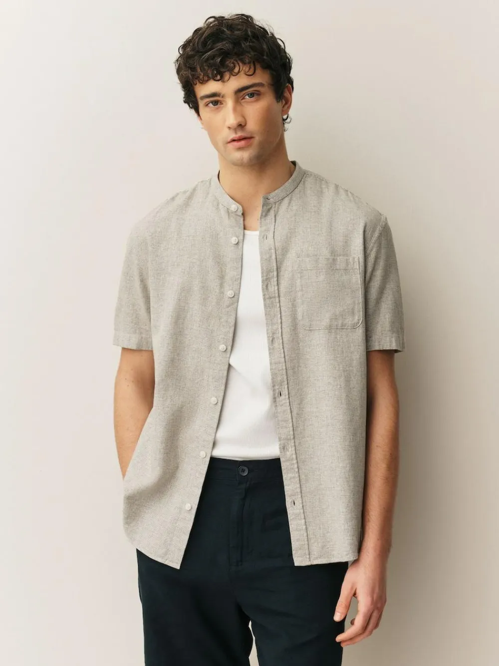 Next Grandad Collar Cotton Linen Blend Short Sleeve Shirt^ Shirts