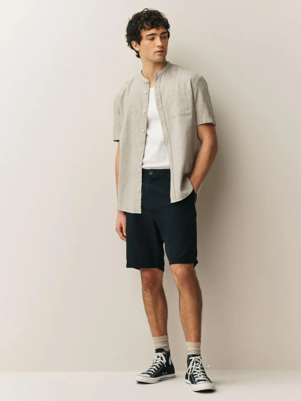 Next Grandad Collar Cotton Linen Blend Short Sleeve Shirt^ Shirts