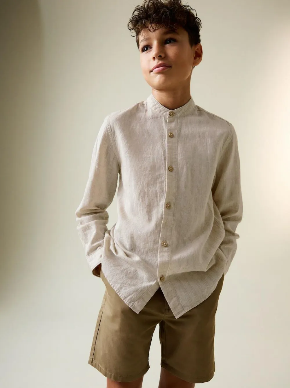 New Next Neutral Grandad Collar Linen Mix Long Sleeve Shirt (3-16yrs)