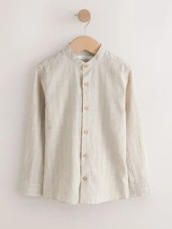 New Next Neutral Grandad Collar Linen Mix Long Sleeve Shirt (3-16yrs)