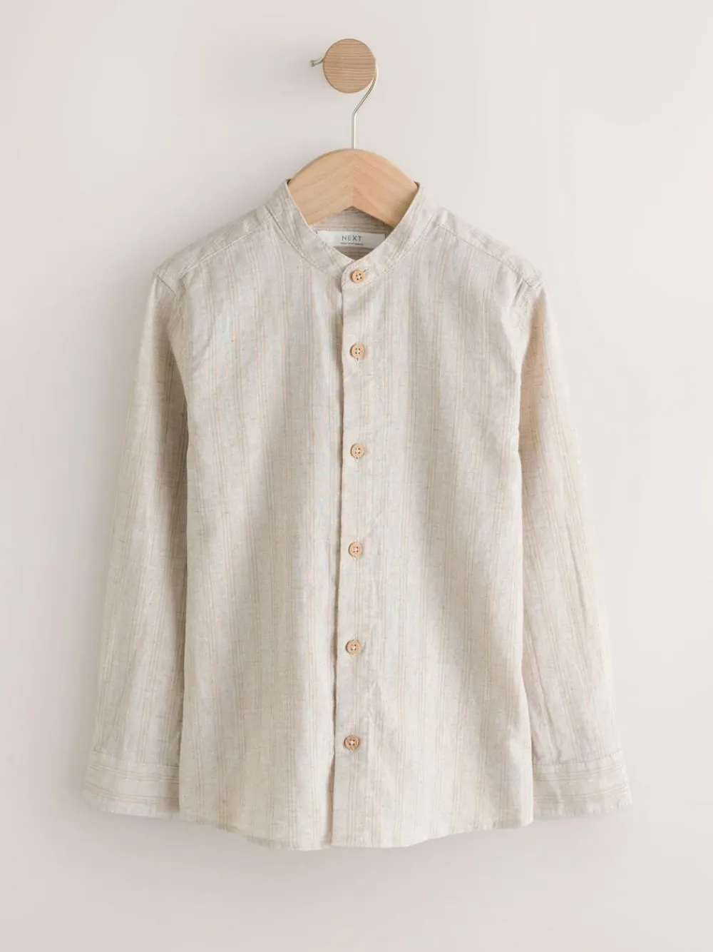 New Next Neutral Grandad Collar Linen Mix Long Sleeve Shirt (3-16yrs)