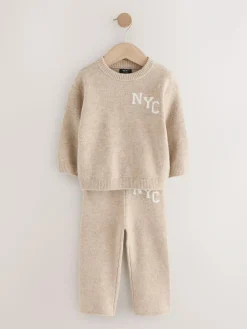 Outlet Next Knitted NYC Varsity Jumper and Joggers Set (3mths-7yrs) Neutral