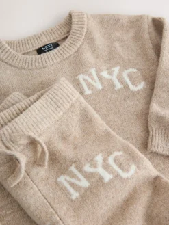Outlet Next Knitted NYC Varsity Jumper and Joggers Set (3mths-7yrs) Neutral