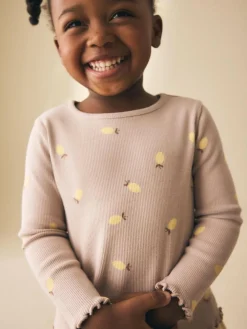Next Neutral Lemon Print Rib Long Sleeve T-Shirt (3mths-7yrs)^ Newborn Clothing|Tops
