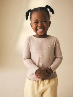 Next Neutral Lemon Print Rib Long Sleeve T-Shirt (3mths-7yrs)^ Newborn Clothing|Tops