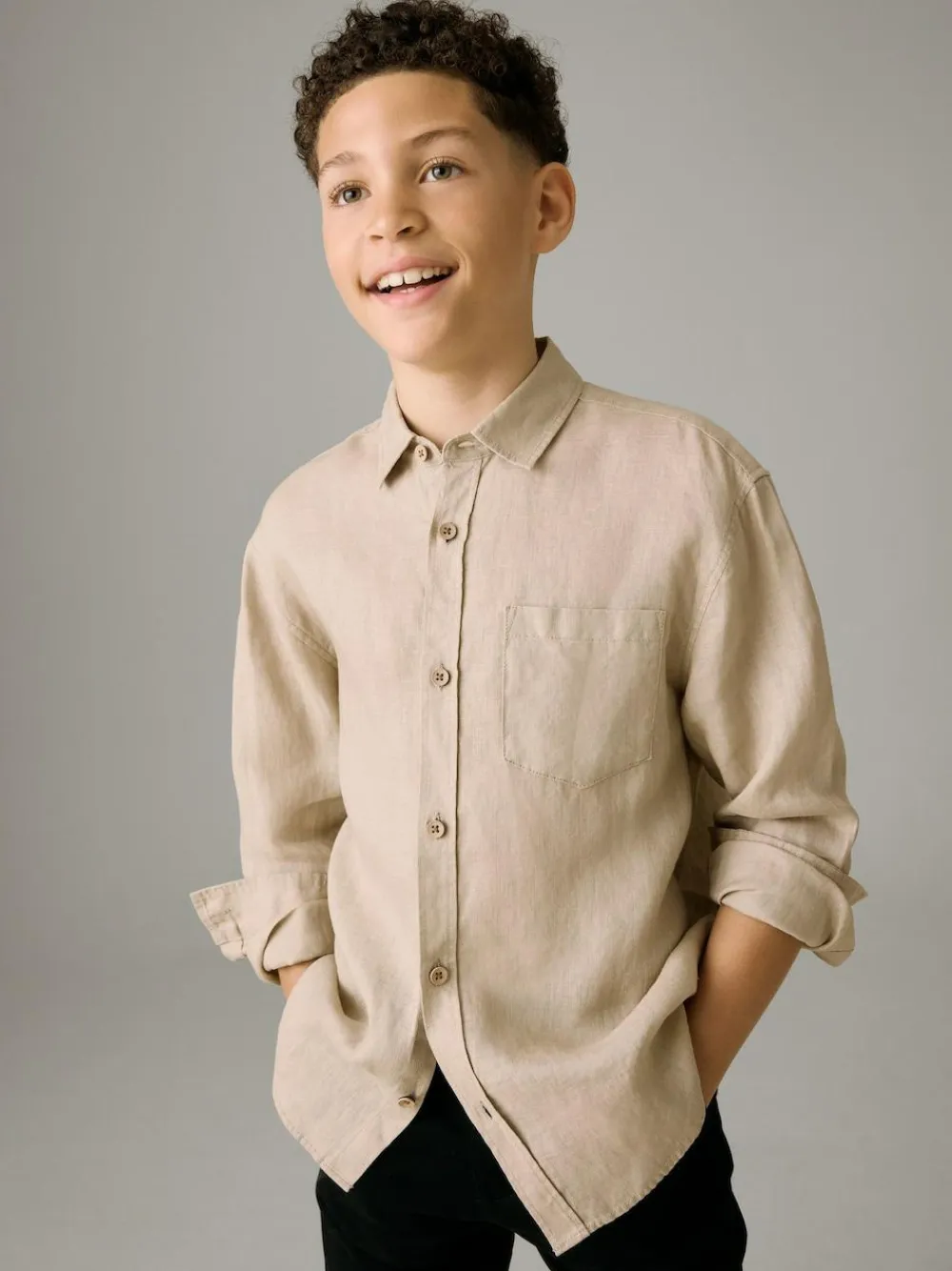 Online Next Long Sleeve 100% Linen Shirt (3-16yrs) Neutral