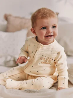 Discount Next Neutral Milk Club Baby Two Way Zip 100% Cotton Sleepsuits 3 Pack (0mths-2yrs)