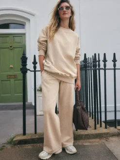 New Next Essential Wide Leg Jersey Joggers Neutral Neppy Textured