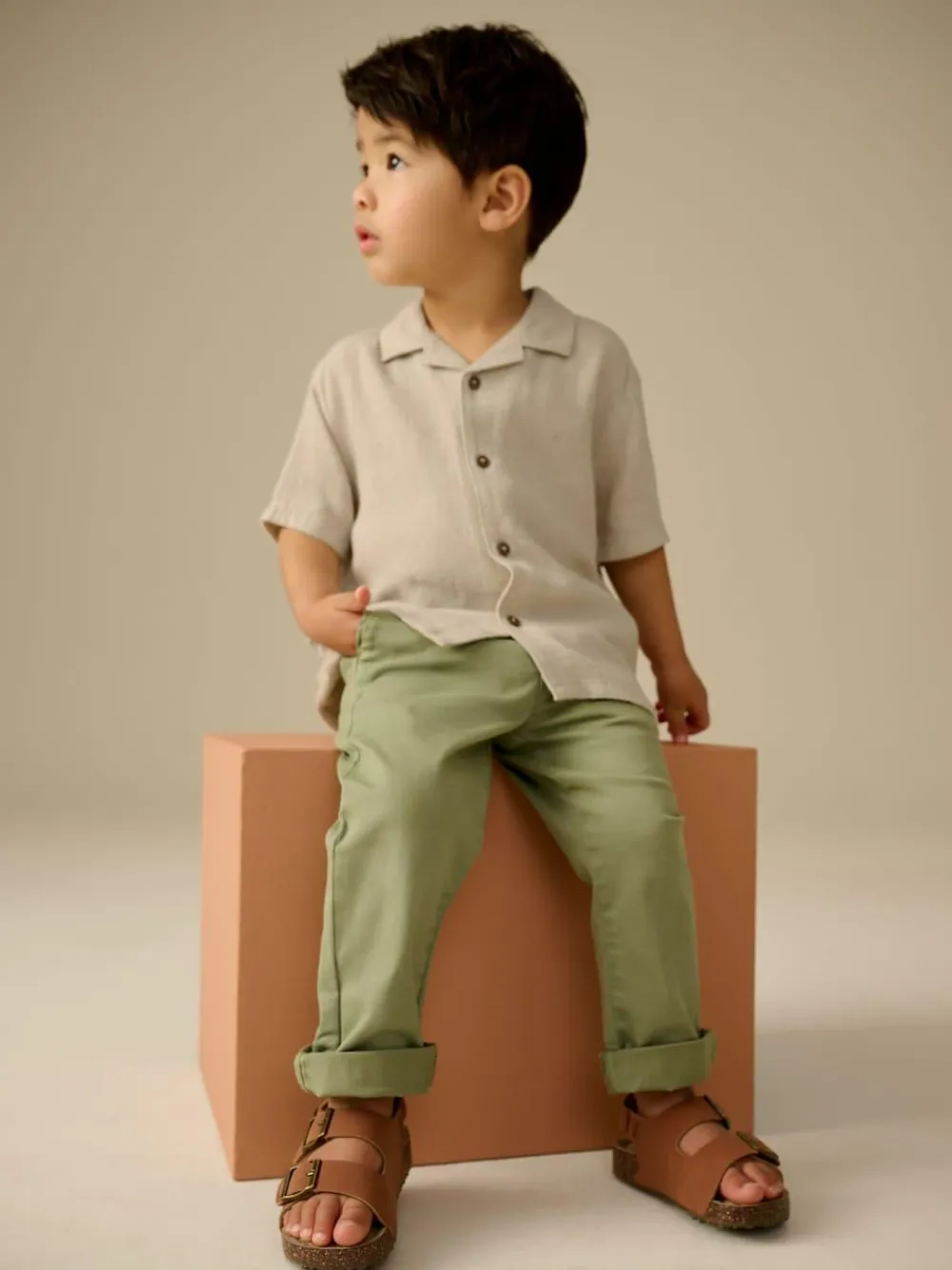 New Next Short Sleeves Linen Blend Revere Collar Shirt (3mths-7yrs) Neutral Plain