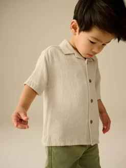 New Next Short Sleeves Linen Blend Revere Collar Shirt (3mths-7yrs) Neutral Plain