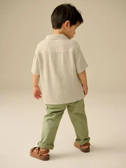 New Next Short Sleeves Linen Blend Revere Collar Shirt (3mths-7yrs) Neutral Plain