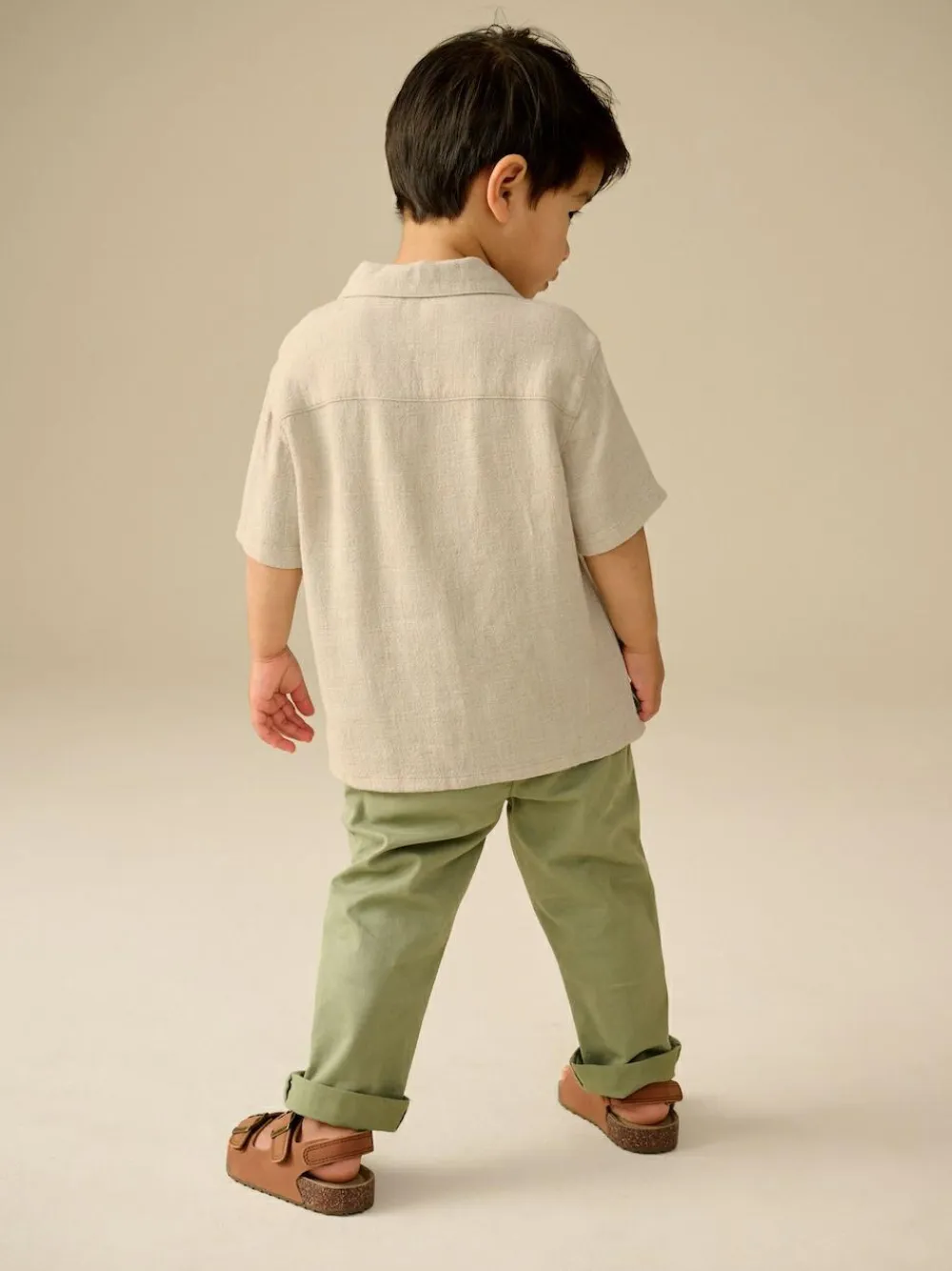 New Next Short Sleeves Linen Blend Revere Collar Shirt (3mths-7yrs) Neutral Plain