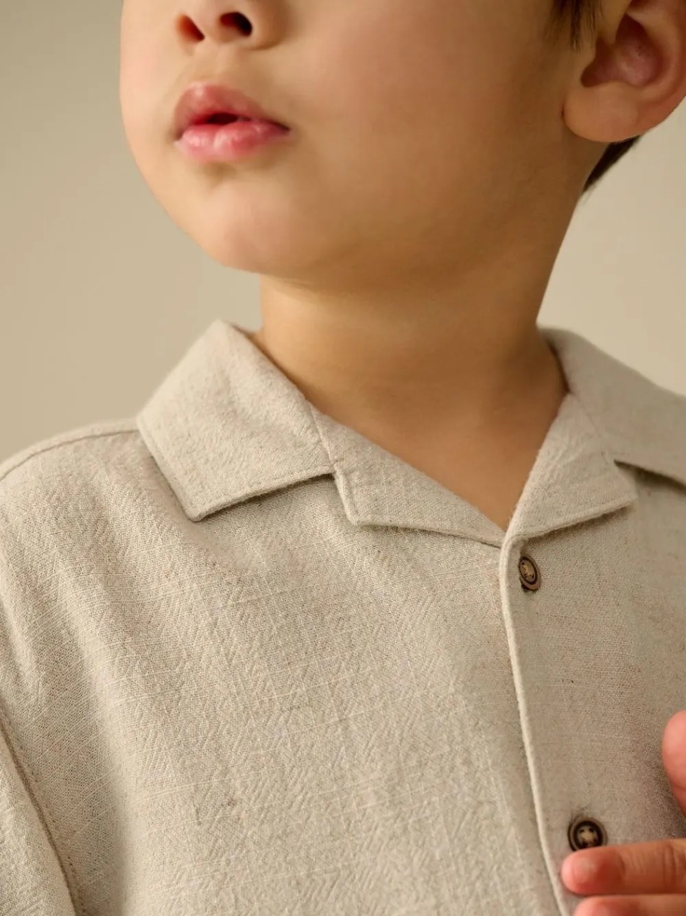 New Next Short Sleeves Linen Blend Revere Collar Shirt (3mths-7yrs) Neutral Plain