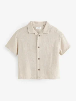 New Next Short Sleeves Linen Blend Revere Collar Shirt (3mths-7yrs) Neutral Plain