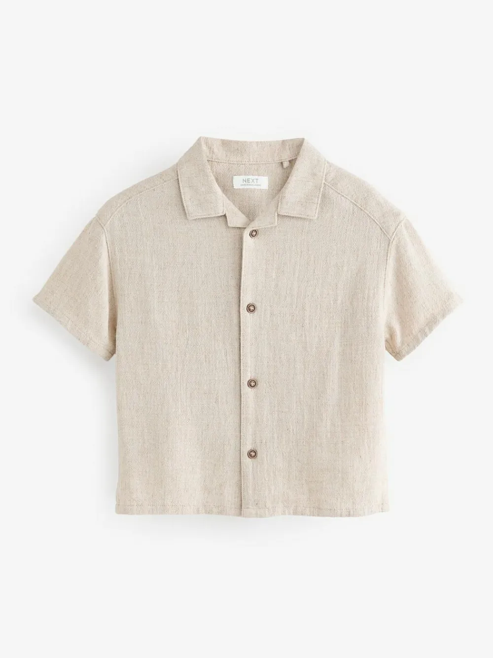 New Next Short Sleeves Linen Blend Revere Collar Shirt (3mths-7yrs) Neutral Plain