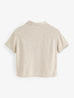 New Next Short Sleeves Linen Blend Revere Collar Shirt (3mths-7yrs) Neutral Plain