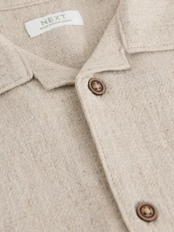 New Next Short Sleeves Linen Blend Revere Collar Shirt (3mths-7yrs) Neutral Plain