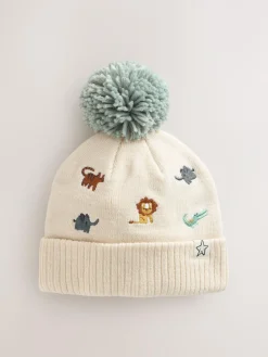 Next Neutral Safari Embroidered Pom Beanie Hat (3mths-10yrs)^BOY Hats & Scratch Mitts|Hats