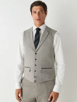 New Next Neutral Slim Fit Nova Fides Italian Wool Blend Trimmed Textured Suit Waistcoat