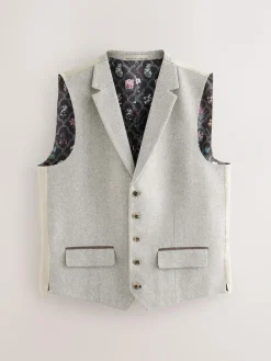 New Next Neutral Slim Fit Nova Fides Italian Wool Blend Trimmed Textured Suit Waistcoat