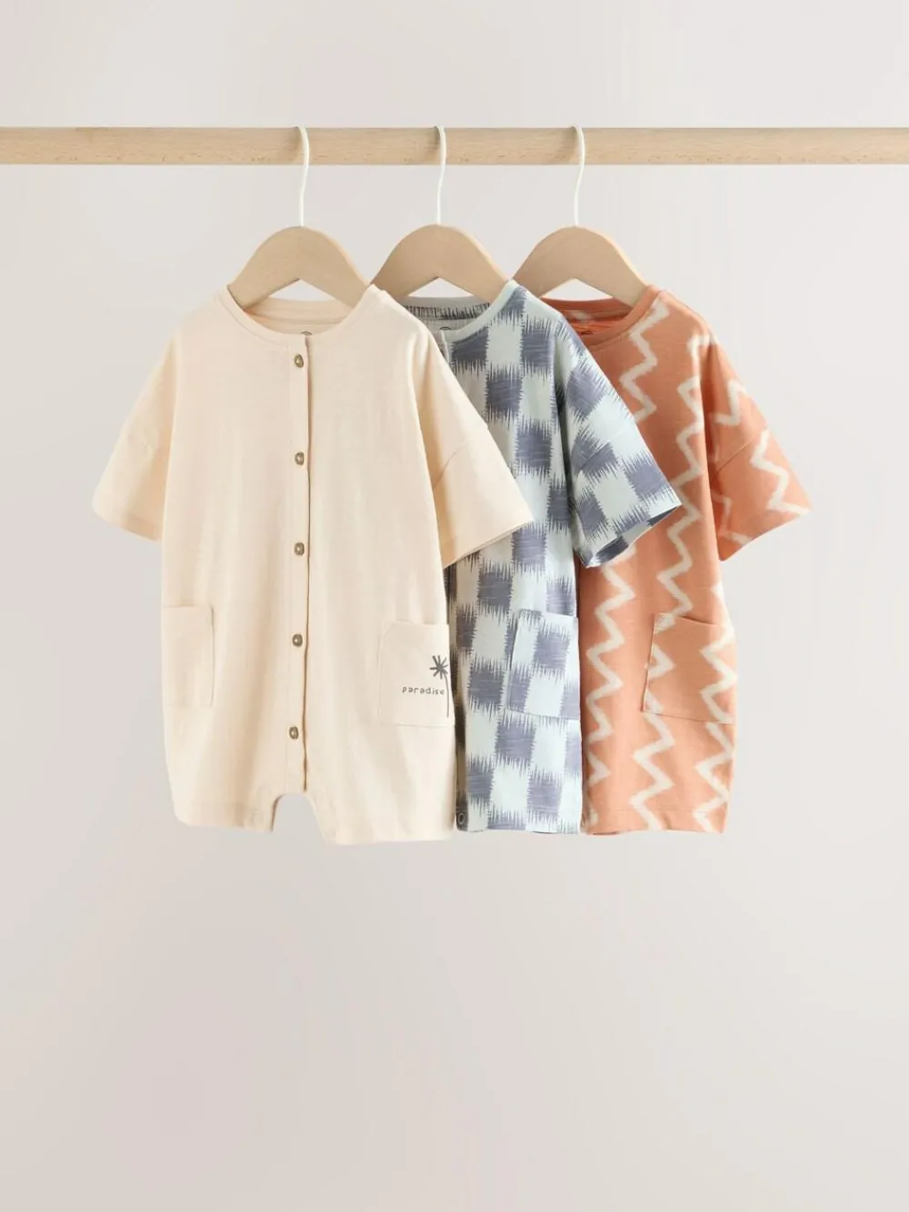 Next Neutral Sunbaked Printed Button Through Jersey Baby Rompers 3 Pack^BOY Sets & Co-Ords|Sets & Co-Ords