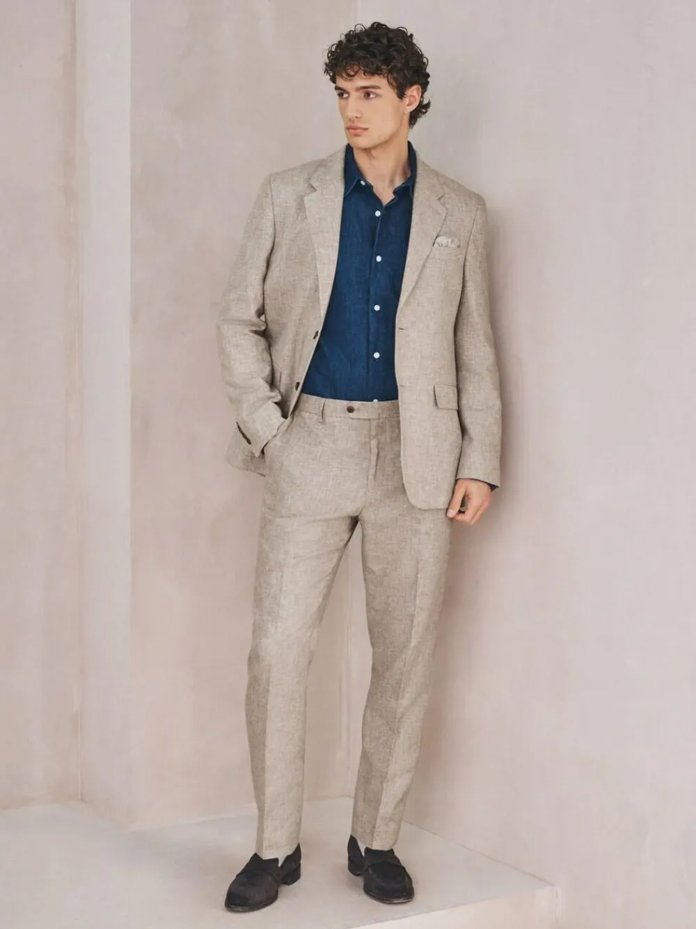 Online Next Tailored Fit Linen Blend Texture Suit Trousers Neutral