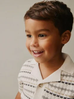 New Next Neutral Textured Revere Collar Knitted Polo Shirt and Shorts Set (3mths-10yrs)