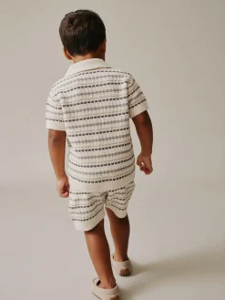 New Next Neutral Textured Revere Collar Knitted Polo Shirt and Shorts Set (3mths-10yrs)