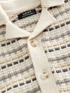 New Next Neutral Textured Revere Collar Knitted Polo Shirt and Shorts Set (3mths-10yrs)