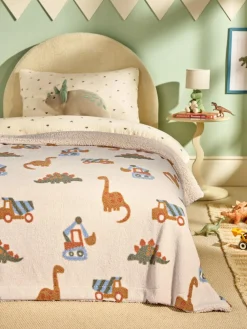 Next Neutral Tufted Dinosaurs & Diggers Borg Throw Blanket^ Cushions & Throws