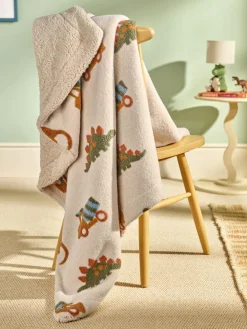 Next Neutral Tufted Dinosaurs & Diggers Borg Throw Blanket^ Cushions & Throws