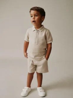 Next Neutral Zip Neck Short Sleeve Polo Shirt And Shorts Set (3mths-7yrs)^BOY Sets & Co-Ords|Sets & Co-Ords