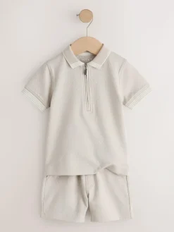 Next Neutral Zip Neck Short Sleeve Polo Shirt And Shorts Set (3mths-7yrs)^BOY Sets & Co-Ords|Sets & Co-Ords