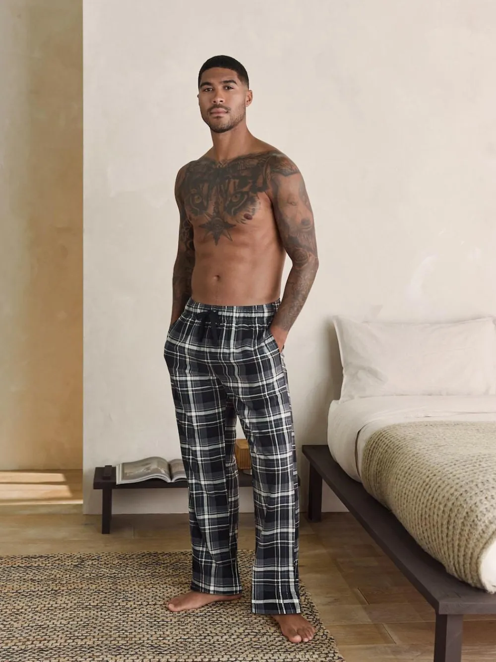 Next Neutral/Black Check Motionflex Cosy Open Hem Pyjama Bottoms 2 Pack^ Pyjamas