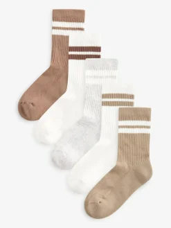 Next Neutral/Brown/White/Grey Cushioned Footbed Cotton Rich Ribbed Tipped Socks 5 Pack^BOY Socks