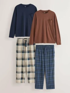 Next Neutral/Navy Check Jersey Short Sleeve Pyjamas Set 2 Pack^ Nightwear|Pyjamas